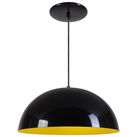 Pendente Meia Lua 40cm Luminária Alumínio Preto Brilhante com Amarelo - Rei da Iluminação