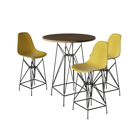 Jogo Mesa Bistrô Eames Tampo Amêndoa 60Cm 3 Banquetas Amarela Base Ferro Preto - Cor: Amendoa