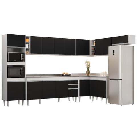 Armário de Cozinha Modulada de Canto 9 Peças CP06 Balcão com Pia Inox Branco/Preto - Lumil Lumil Móv
