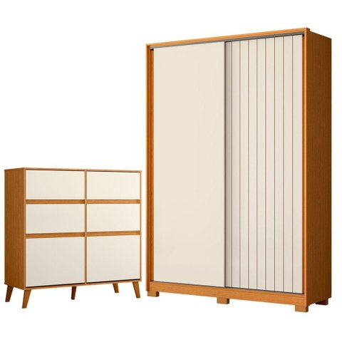 Guarda Roupa Solteiro Frizatto 02 Portas de Correr e Cômoda Sapateira Dora Cinamomo Off White - Móve