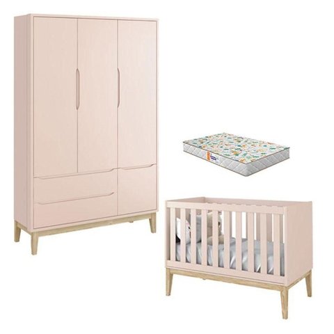 Berço Americano e Guarda Roupa 3 Portas New Classic Rosa com Pés Madeira Natural e Colchão Gazin
