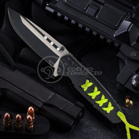 Canivete Aço Inox Sobrevivência Semi-automático Edc Fade Bushcraft Paracord - Preto