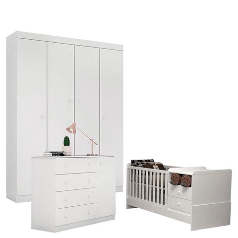 Quarto de Bebê com Berço Multifuncional Selena Branco Brilho – Phoenix