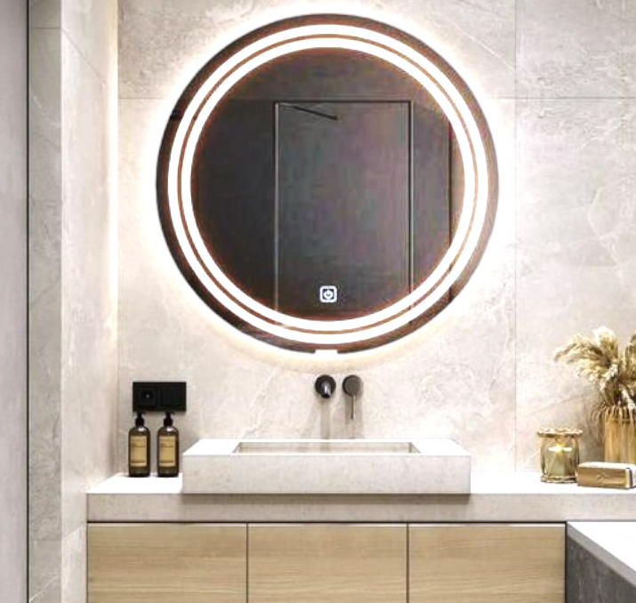 Espelho Banheiro Led 60cm Redondo Bivolt sem Moldura Prata Touch Luz Ajustável Dimerizável Estrutura
