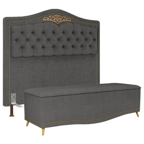Cabeceira Cama Box Casal Queen 160cm com Calçadeira Baú Imperial J02 Linho Grafite