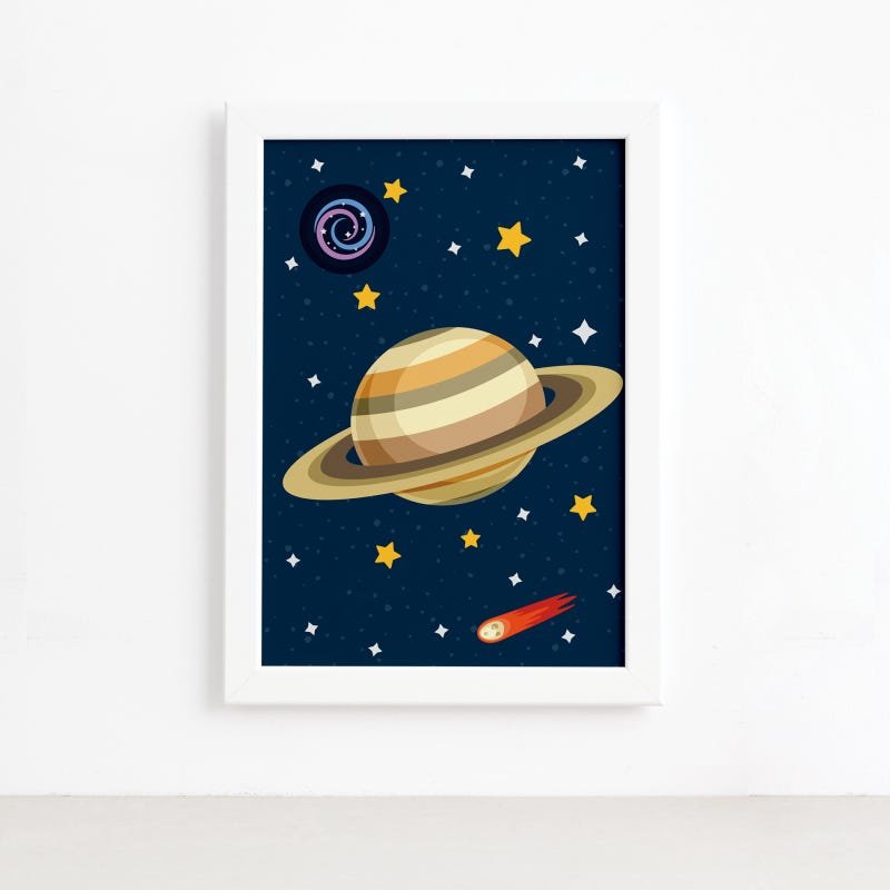 Quadro Decorativo Infantil Sistema Solar Saturno 22x32cm Moldura Branca - 2