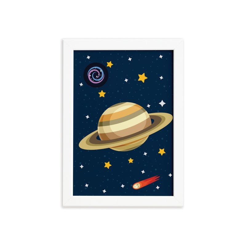 Quadro Decorativo Infantil Sistema Solar Saturno 22x32cm Moldura Branca