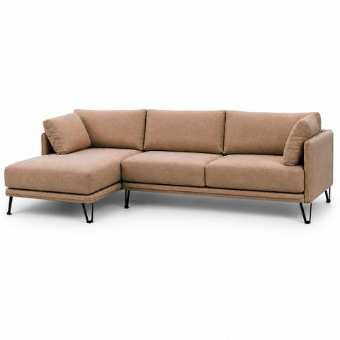 Sofá Sala de Estar Atena Chaise Esquerdo Pés de Ferro 254cm 4 Lugares Linho Marrom Claro M1 - Monari
