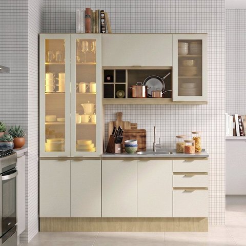 Cozinha Compacta Modulada 3 Peças com Cristaleira LED Aéreo sem Tampo de Pia Nanda