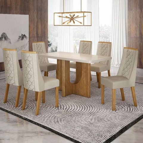 Mesa de Jantar Dora 160x80 Vidro 40 mm Cinamomo Off White com Kit 6 Cadeiras Veludo Bege -Valdemó