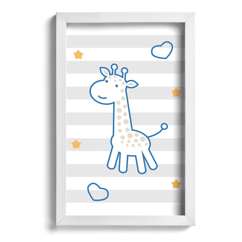 Quadros Girafa e Hipopótamo Azul Kit 4un Moldura Branca - 4