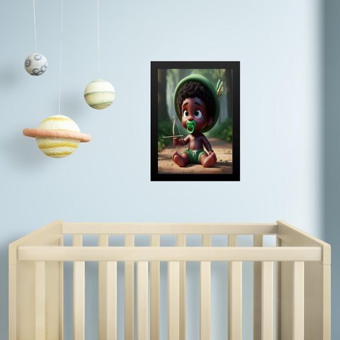 Quadro Infantil Orixá Baby Oxóssi 24x18cm:moldura Branca