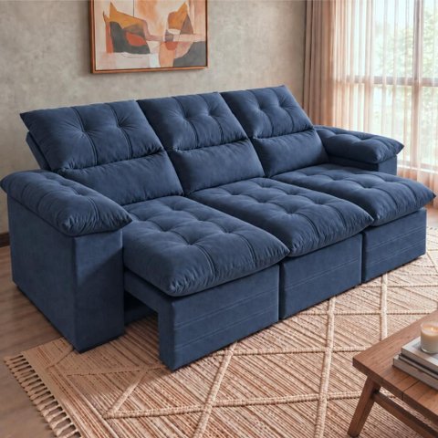 Sofá 3 Lugares Retrátil e Reclinável 2,00m Lyon Velusoft Azul Cama Inbox