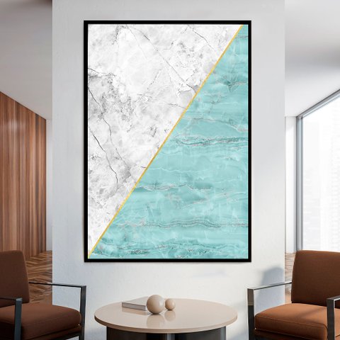 Quadro Decorativo Geométrico Mármore Branco e Azul em Moldura Caixa TaColado Moldura Trad 1cm Preta 