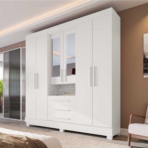 Guarda Roupa Casal Bolívia com Espelho 6 Portas 100% MDF Linhamobília Branco