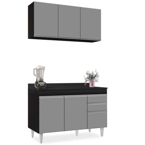 Armário Virgínia e Balcão com Tampo Michigan 120cm Preto-cinza - Lumil