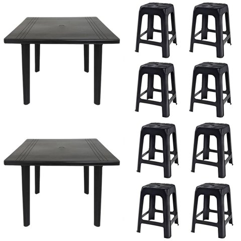 2 Mesas Quadradas Desmontáveis de Plástico 90cm Preta + 8 Banquetas Empilháveis
