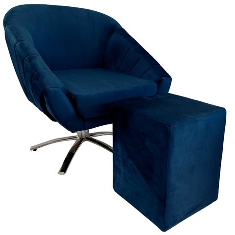 Kit Poltrona Giovana Giratória Cromado, Puff Quadrado e Almofadas em Sued Premium: Azul Marinho