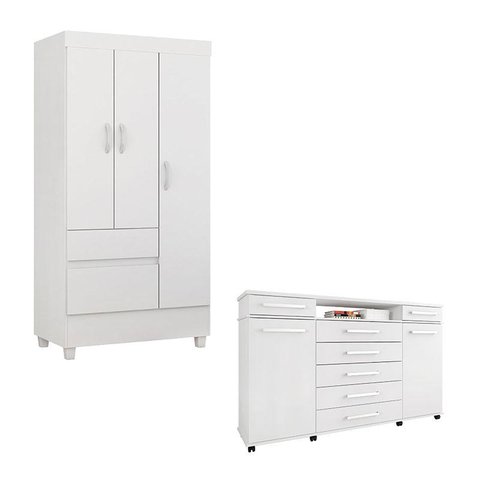 Cômoda London e Guarda Roupa Solteiro Wind Branco Flex - Demóbile