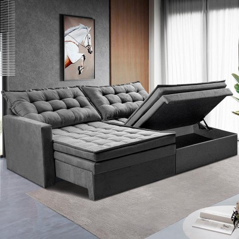 Sofá sem Caixa Retrátil Baú 1,60m Cama Inbox Secret Suede Velusoft Cinza