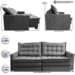 Sofá sem Caixa Retrátil Baú 1,60m Cama Inbox Secret Suede Velusoft Cinza - 3