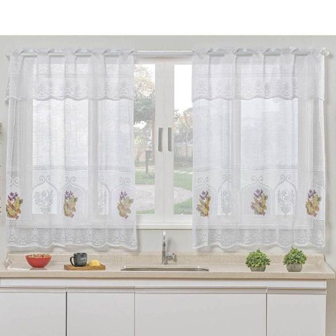 Cortina para Cozinha Renda Flores para Varão Simples 1,20m X 2,50m