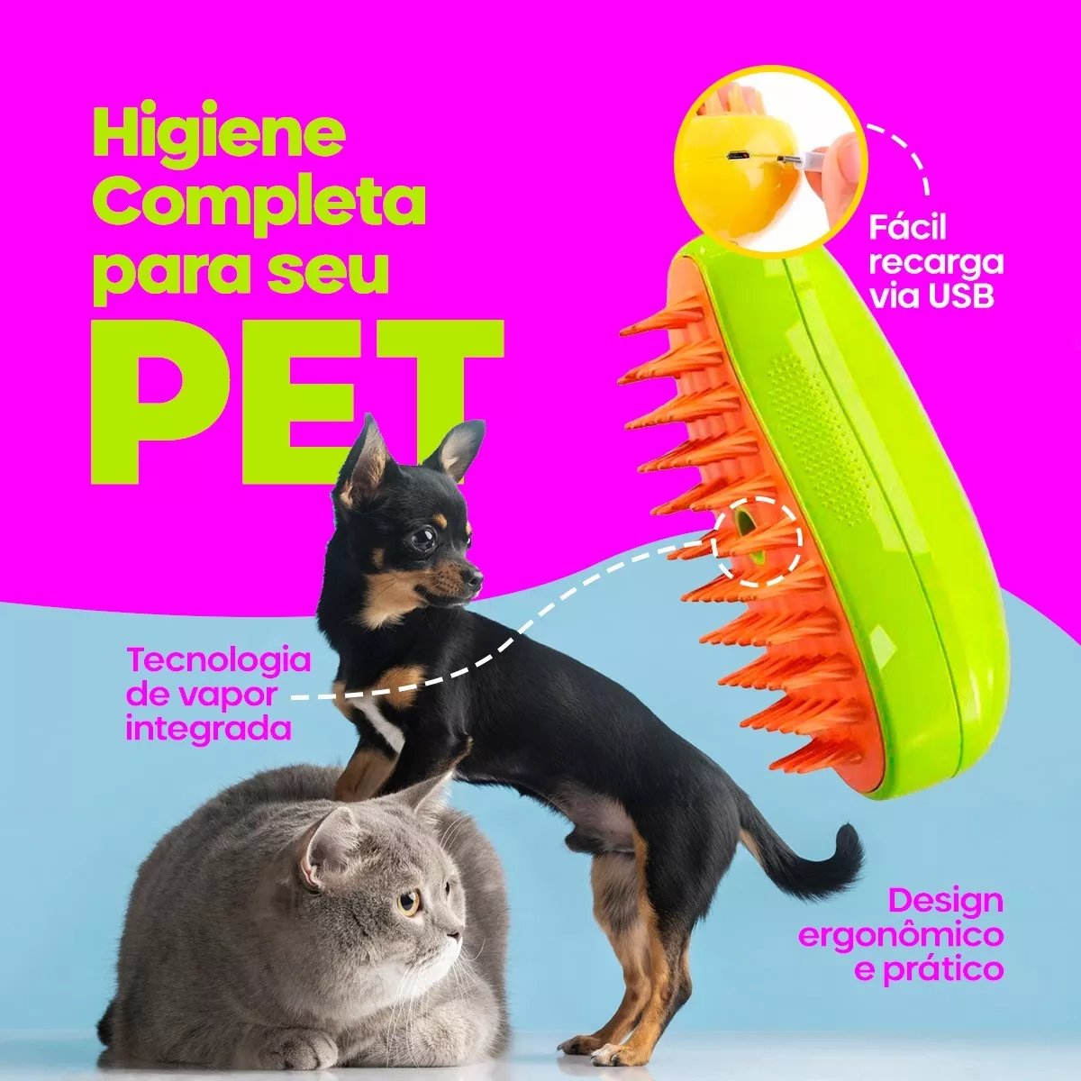 Escova Autolimpante 3 em 1 para Pets a Vapor - 4