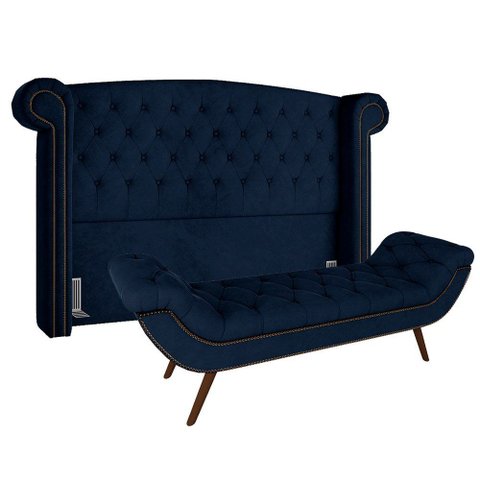Kit Cabeceira Estofada Box King Valencia e Recamier Veneza 195 Cm Tca 948 - Veludo Azul