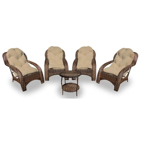 Conjunto Poltronas Espreguiçadeira para Jardim Fibra Sintética 4 Poltronas e Mesa Centro - Tecido Du