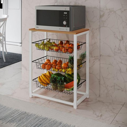 Fruteira com Suporte para Micro-ondas Barcelona Aço Branco Cesto Preto Tampo Canela - Cor: Marrom