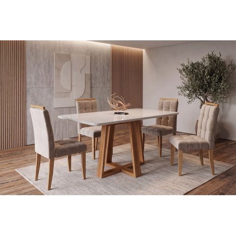 Sala de Jantar Bali 120cm c/Vidro com 4 Cadeiras Madeira Maciça Londres Cinamomo/Off Veludo Avelã