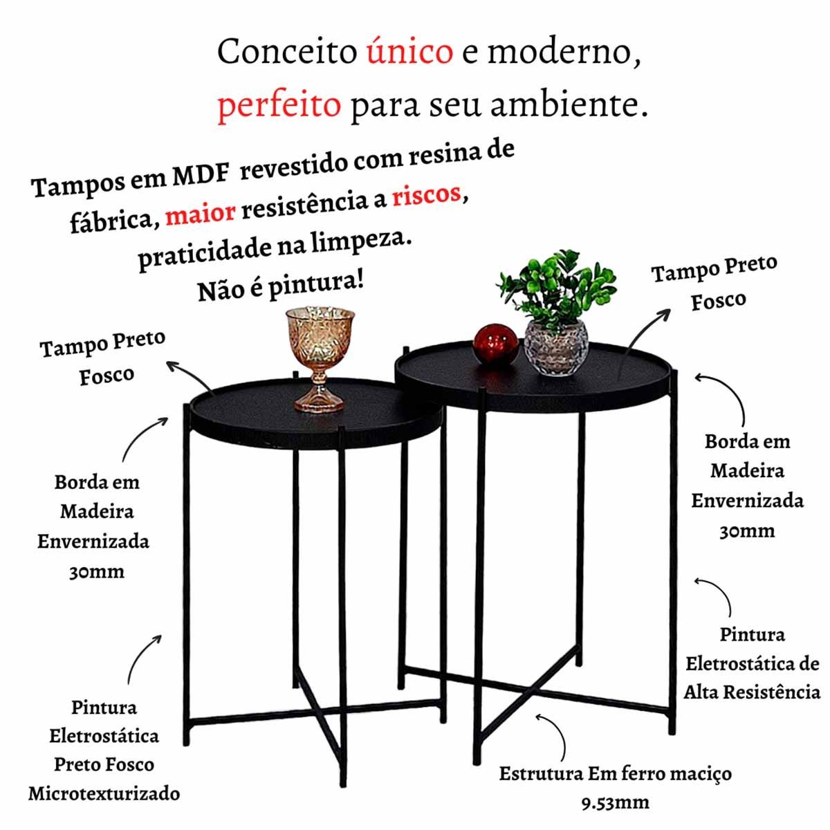 Jogo Mesa Canto Apoio Lateral Ambiente Recepção Sala Estar Conjunto Pequena Redonda Madeirado:Tampos - 5