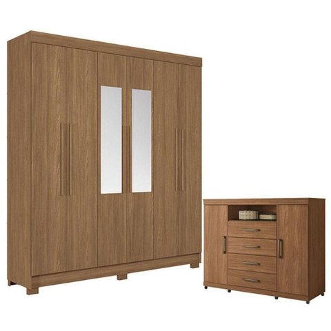 Guarda Roupa Casal com Cômoda Toledo 6 Portas de Bater 2 Gavetas MDP Jatobá Acetinado Santos Andir