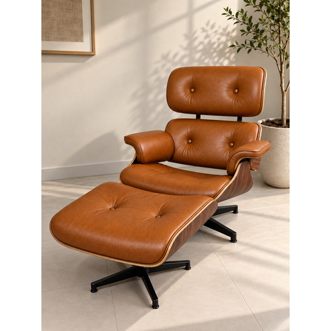 Poltrona Charles Eames com Puff - Couro Legitimo Caramelo - Pau-Ferro