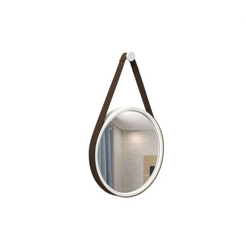 Espelho Decorativo Adnet Branco Alça Corino Café 20cm Redondo Branco/café