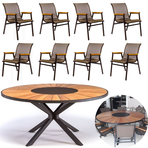 Conjunto de Mesa Jantar 1,80m Madeira 8 Cadeiras Praia Tela Sling Alumínio