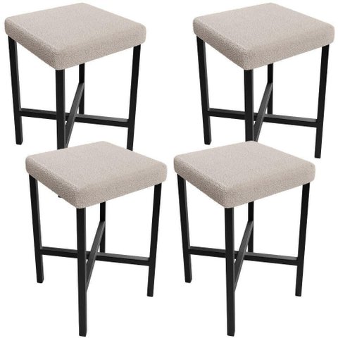 Kit 04 Banquetas Baixa Bar Cozinha Sala de Jantar Preto Stella L02 Bouclê Creme - Lyam Decor