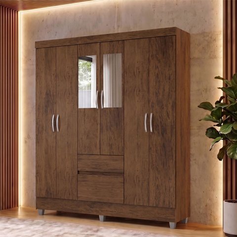 Guarda Roupa Casal 6 Portas 2 Gav Espelho Roupeiro Quarto Imbuia