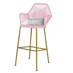 Kit 02 Banqueta Alta Com Encosto Sttar Balcão Ferro Dourado Fibra Rosa Bebê Almofada Corino Branco - - 2