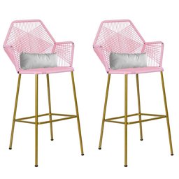 Kit 02 Banqueta Alta Com Encosto Sttar Balcão Ferro Dourado Fibra Rosa Bebê Almofada Corino Branco - - 1