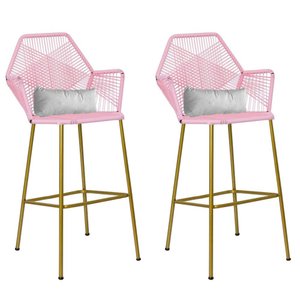 Kit 02 Banqueta Alta Com Encosto Sttar Balcão Ferro Dourado Fibra Rosa Bebê Almofada Corino Branco -