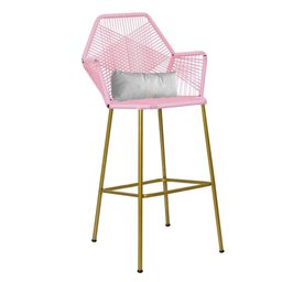Kit 02 Banqueta Alta Com Encosto Sttar Balcão Ferro Dourado Fibra Rosa Bebê Almofada Corino Branco - - 3