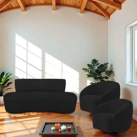 Kit Recamier Curvo Amsterdã 120cm e 2 Poltronas Amore Luxo Bouclé Cor Preto