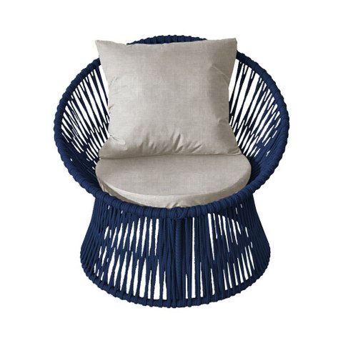 Poltrona Decorativa Estofada Sol com Almofada em Corda Náutica e Base em Alumínio Cinza/azul Marinho