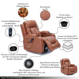 Poltrona do Papai Sala de Estar Austin Aquecimento Massagem Giratória Reclinável Manual PU Caramelo  - 3