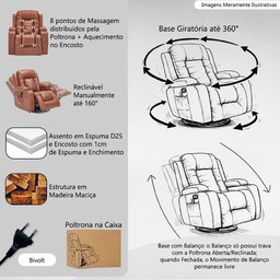Poltrona do Papai Sala de Estar Austin Aquecimento Massagem Giratória Reclinável Manual Pu Caramelo - 5
