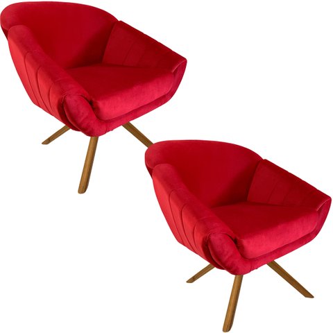Kit Duas Poltrona Giovana Base Giratória Ferro e Madeira em Sued Premium:vermelho