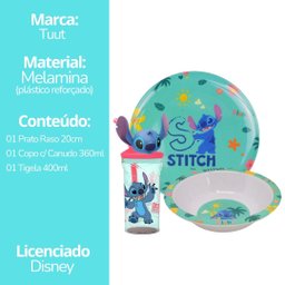 Kit Refeição Infantil Melamina Stitch Disney 3 Peças Incluso Copo com Canudo 3d - Tuut - 9