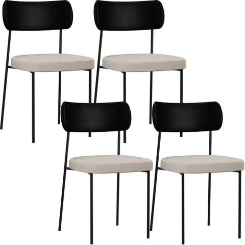 Kit 04 Cadeiras para Sala de Jantar Melina L02 Couríssimo Preto Linho Cru - Lyam Decor