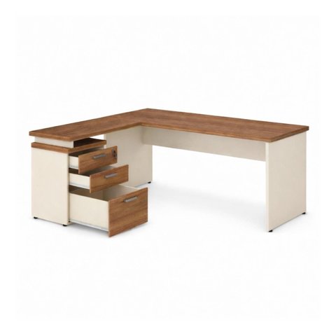 Mesa Escritório em "L" c/ Gavetão na Auxiliar 1,50x1,50m - (Tampo 40mm) - Nogal Sevilha / Champanhe 
